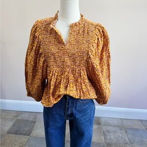 Smocked V-Neck Peplum Blouse - Mustard Floral